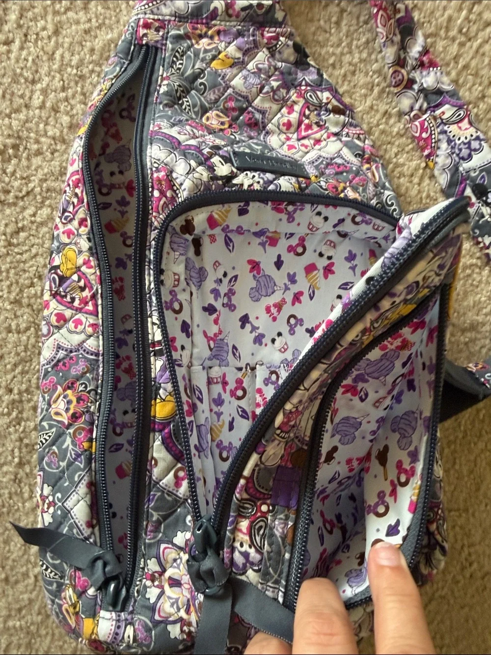 Vera Bradley Disney Pattern Gray and Purple Paisley Sling Backpack